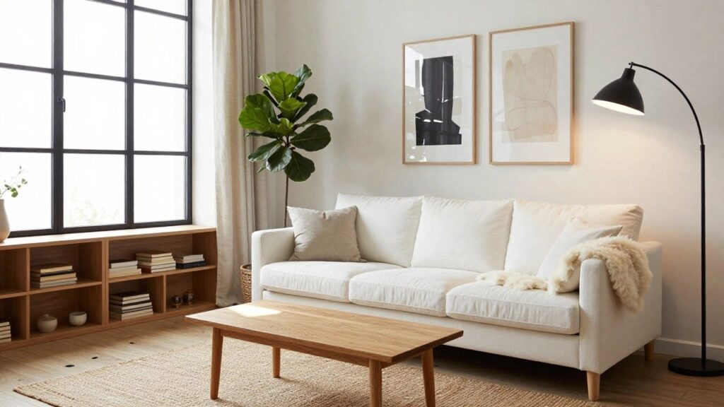24 Modern Sofa Styling Ideas for a Fresh Updated Space White slipcovered three-seater sofa with a light throw pillow and sheepskin draped on the arm, facing a low wooden coffee table on a seagrass rug in a light-filled living room with black-framed windows, sheer curtains, arc floor lamp, bookshelf, and potted plant.