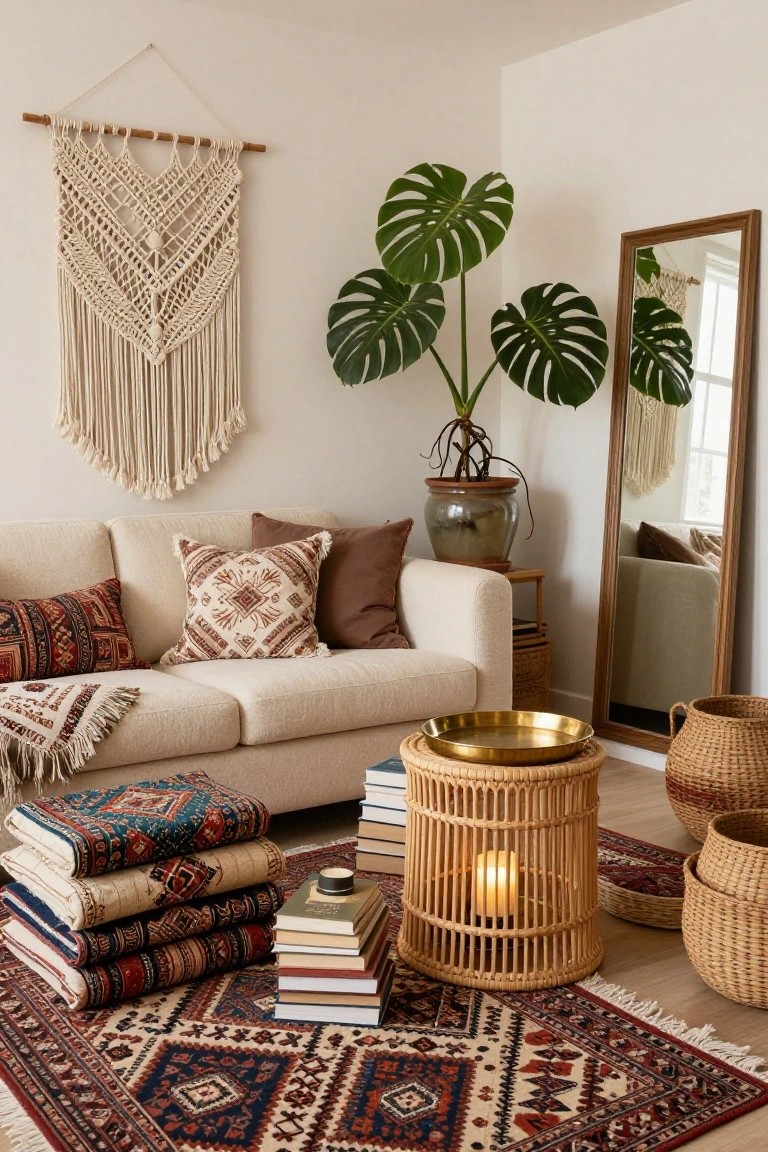 Cream fabric sofa with assorted patterned pillows and a fringed throw blanket in a white-walled living room corner, featuring a stack of folded multicolored rugs topped with books, a monstera plant in a ceramic pot, macrame wall hanging, rattan stool with candle, and tall wood-framed mirror.
