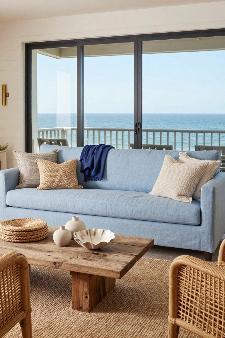 Light blue linen sofa with assorted neutral textured pillows, a navy throw blanket, wooden coffee table, rattan chairs, and seagrass rug in a room with large windows overlooking the ocean and balcony.