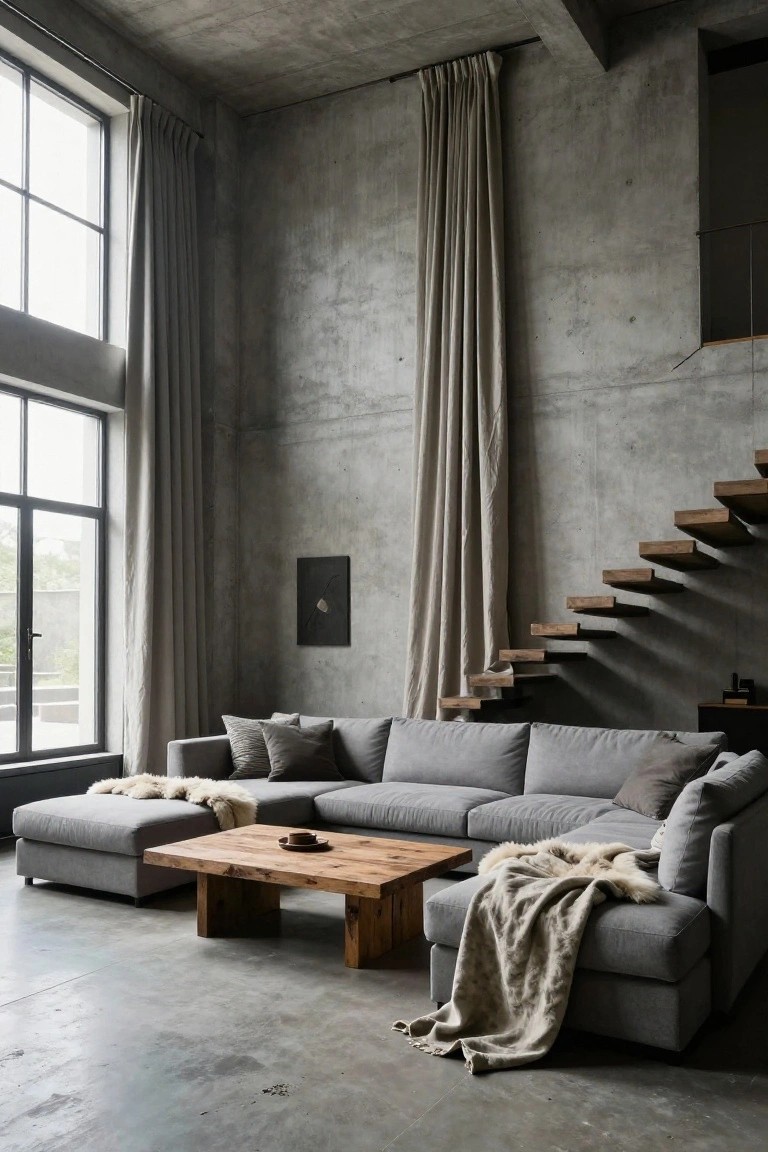 Gray L-shaped sectional sofa with pillows and throws in a concrete-walled living room featuring large windows, wooden coffee table, and floating stairs.