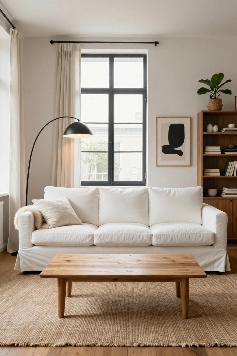White slipcovered three-seater sofa with a light throw pillow and sheepskin draped on the arm, facing a low wooden coffee table on a seagrass rug in a light-filled living room with black-framed windows, sheer curtains, arc floor lamp, bookshelf, and potted plant.