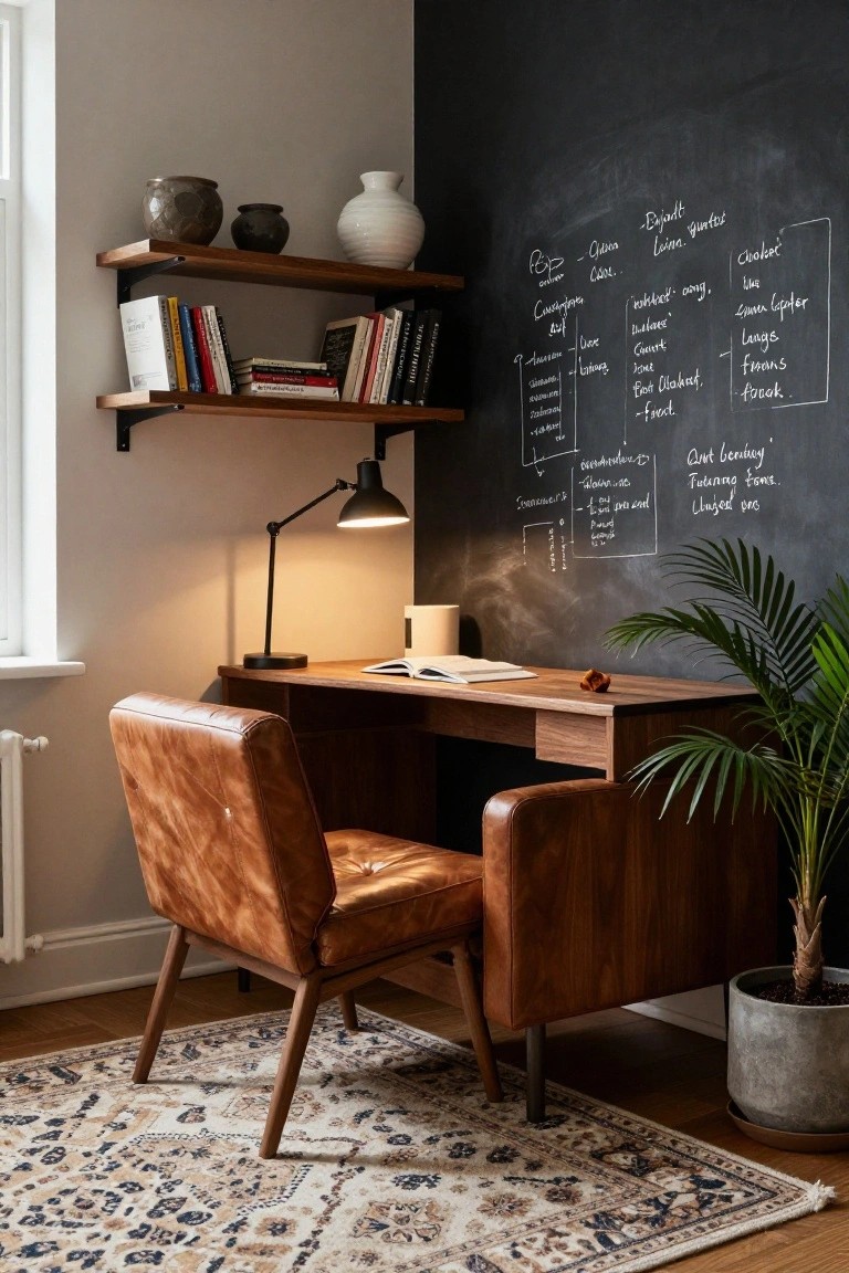 Tan tufted leather armchair positioned at a wooden desk in a corner room with blackboard wall covered in handwritten notes, floating wooden shelves holding books and ceramics, desk lamp, mug, open book, potted plants, and patterned rug on hardwood floor.