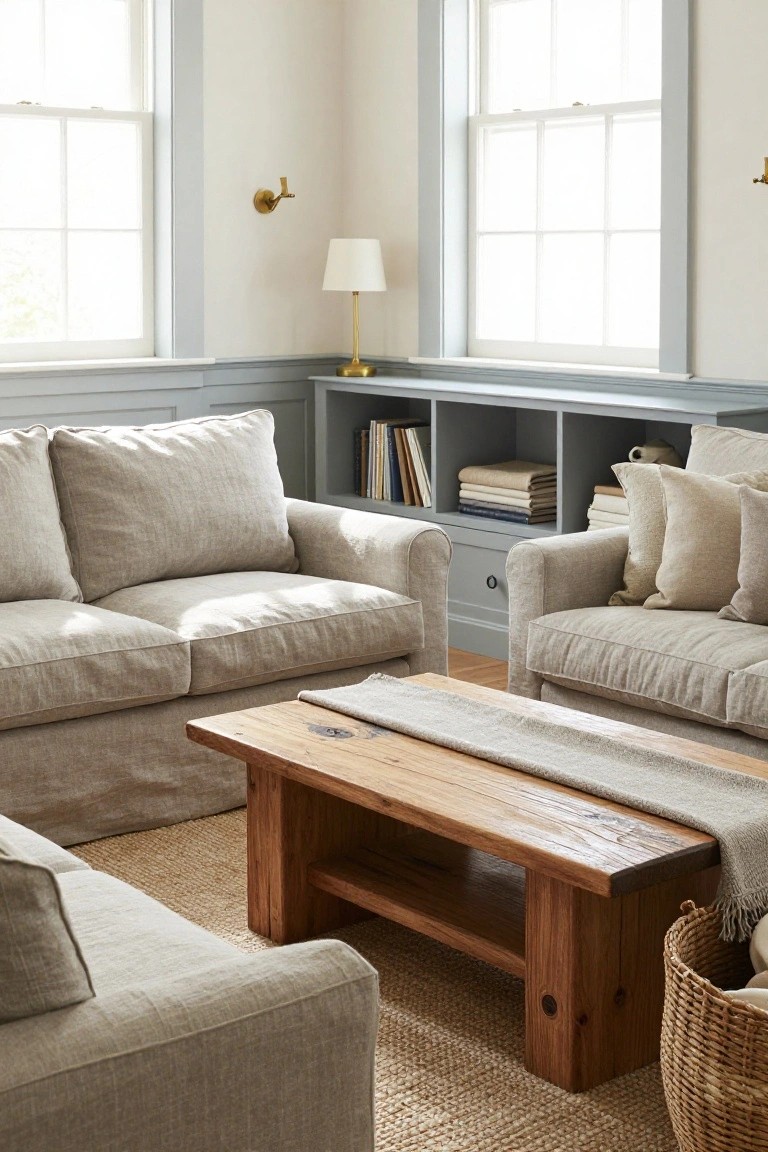 Living room corner with two beige linen slipcovered sofas facing each other across a rustic wooden coffee table on a seagrass rug, blue-gray built-in shelves holding books and linens, and large windows with brass wall lamps.