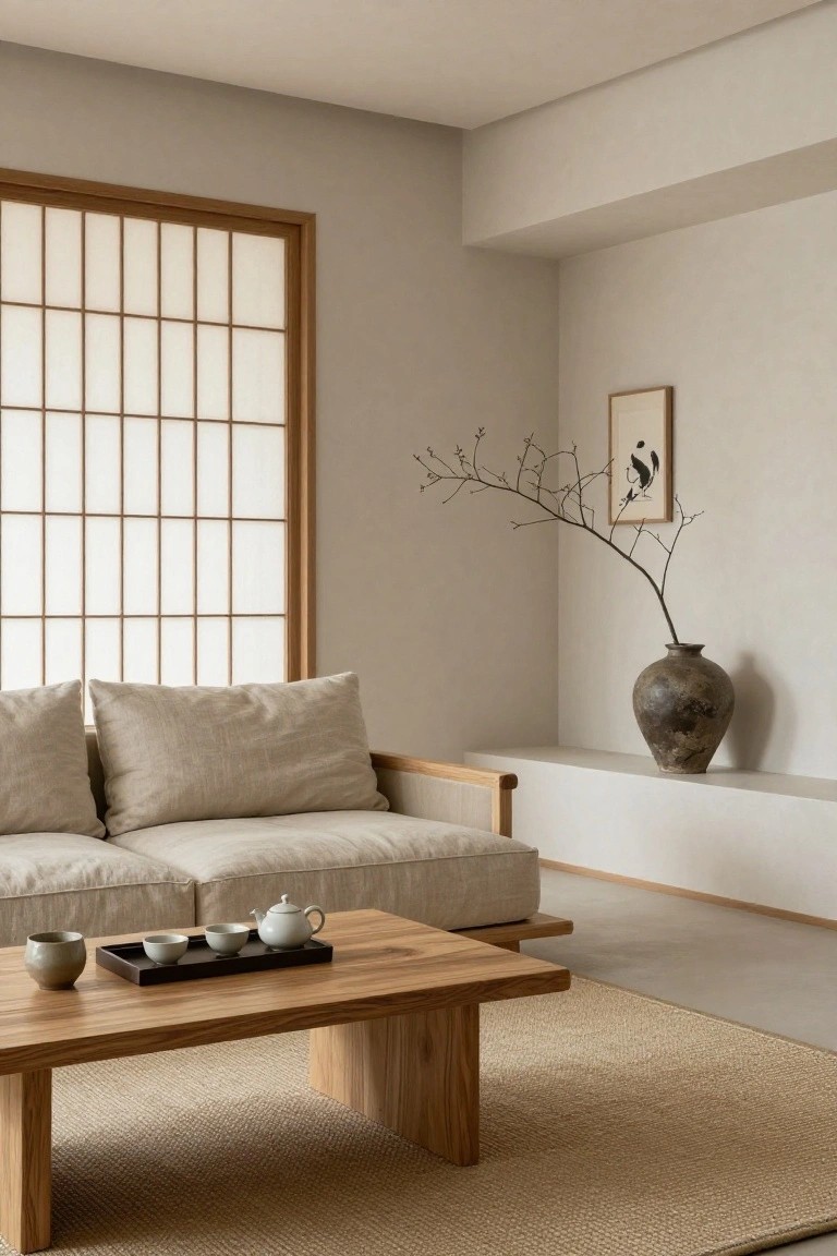 Beige low-profile sofa with linen cushions in a minimalist room featuring shoji screen window, wooden low coffee table with teapot and cups, shelf with ceramic vase and branch, neutral walls and seagrass rug.
