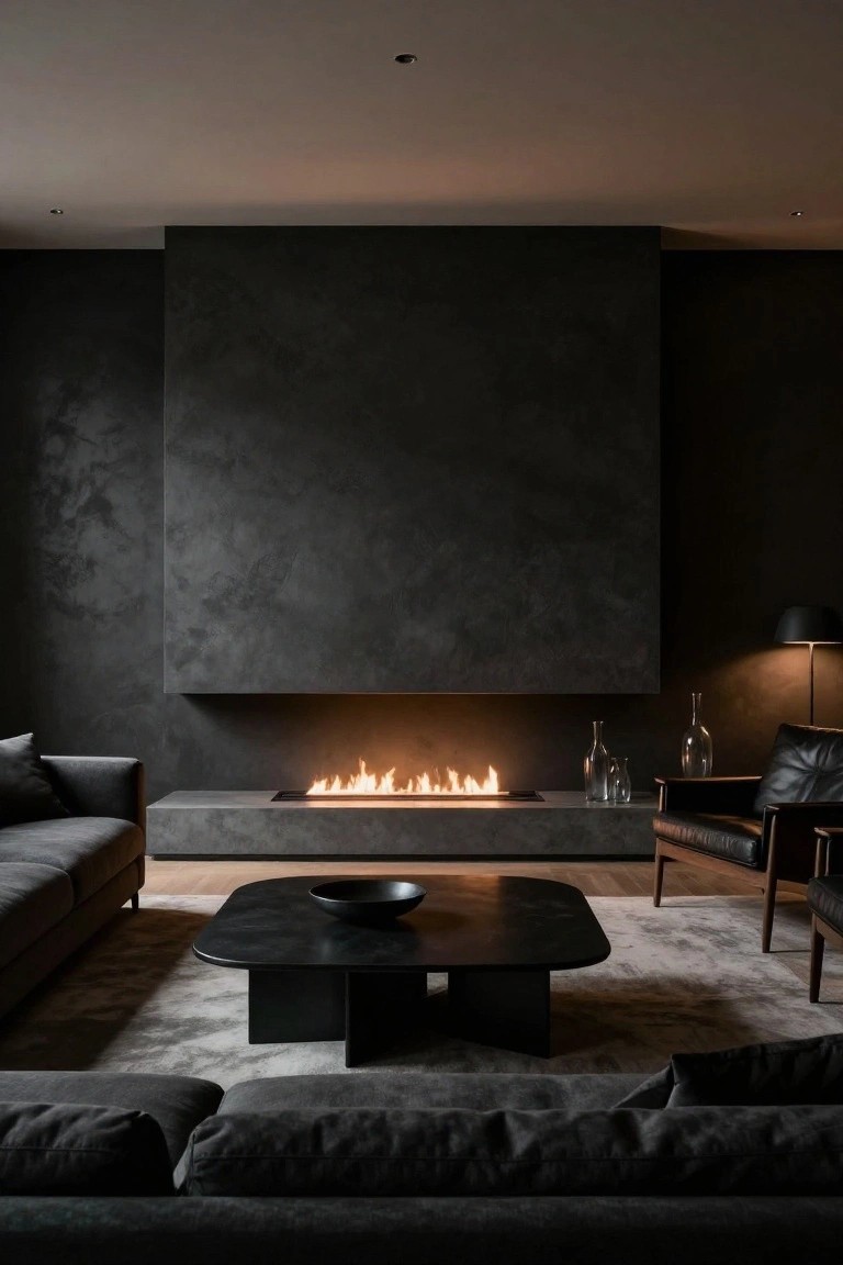 Dark gray low-profile sofas arranged around a black square coffee table in a modern living room, facing a linear gas fireplace set into a textured black wall, with leather armchairs, glass vases, and a floor lamp nearby.