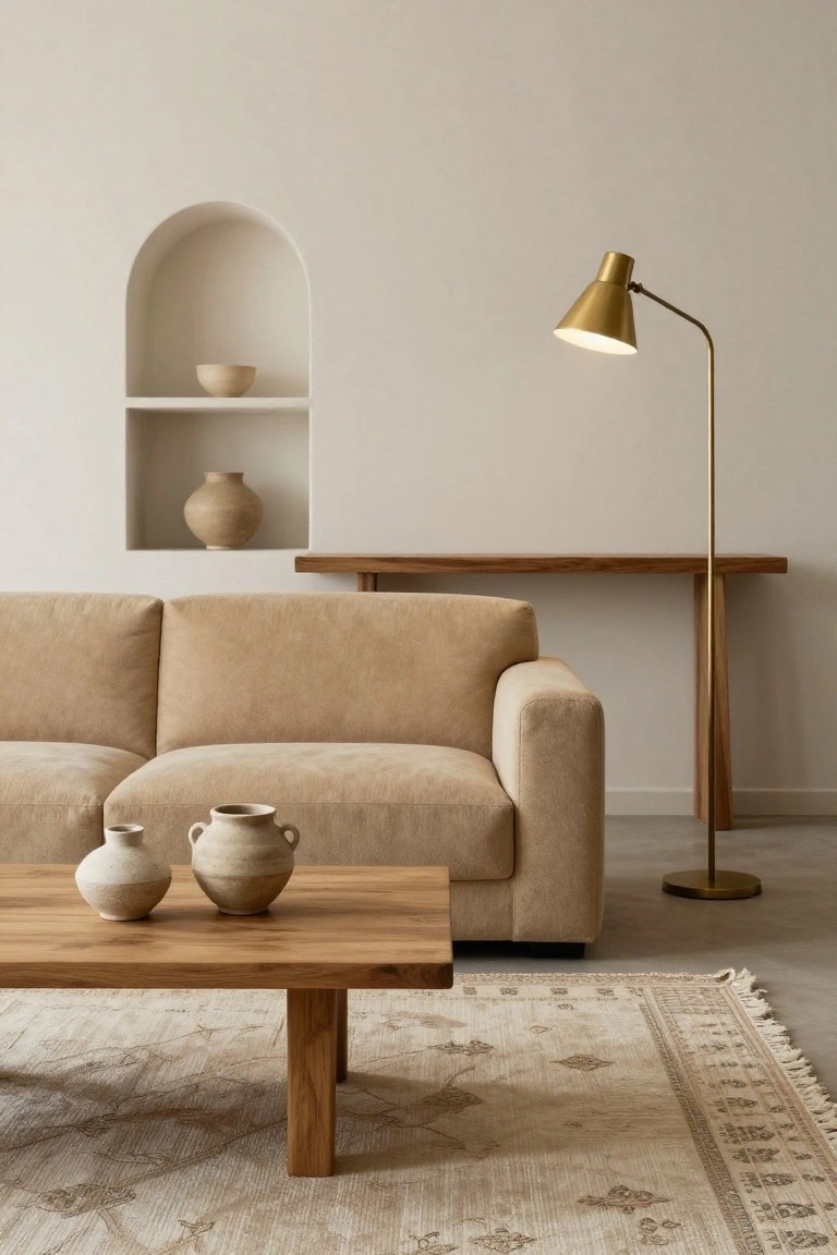 Beige bouclé three-seater sofa in a light room with low wooden coffee table holding two terracotta vases, wooden side table, brass arched-arm floor lamp, arched wall niche with pottery, and beige rug on floor.