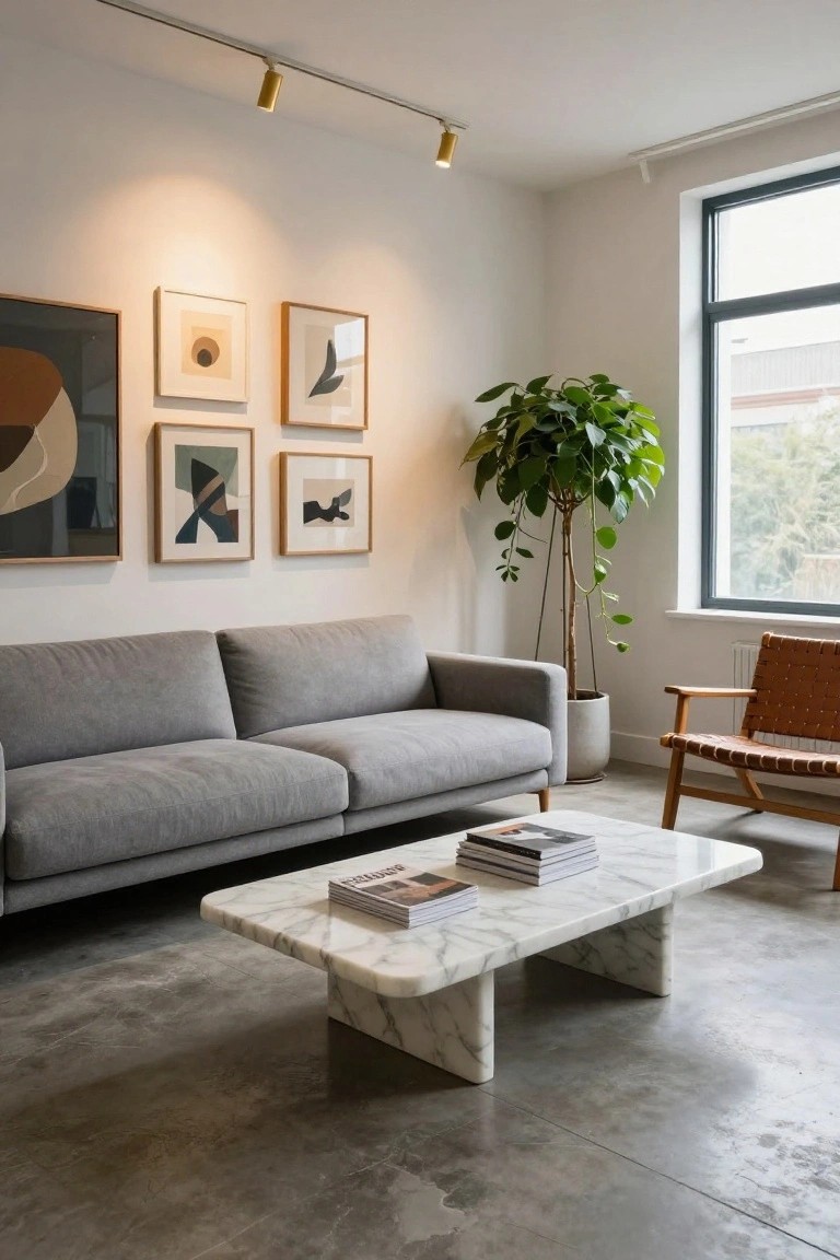 Light gray modern sofa in a living room with white marble coffee table holding stacked books, abstract artworks on white walls, tall potted plant, rattan armchair, track lighting, and polished concrete floor.
