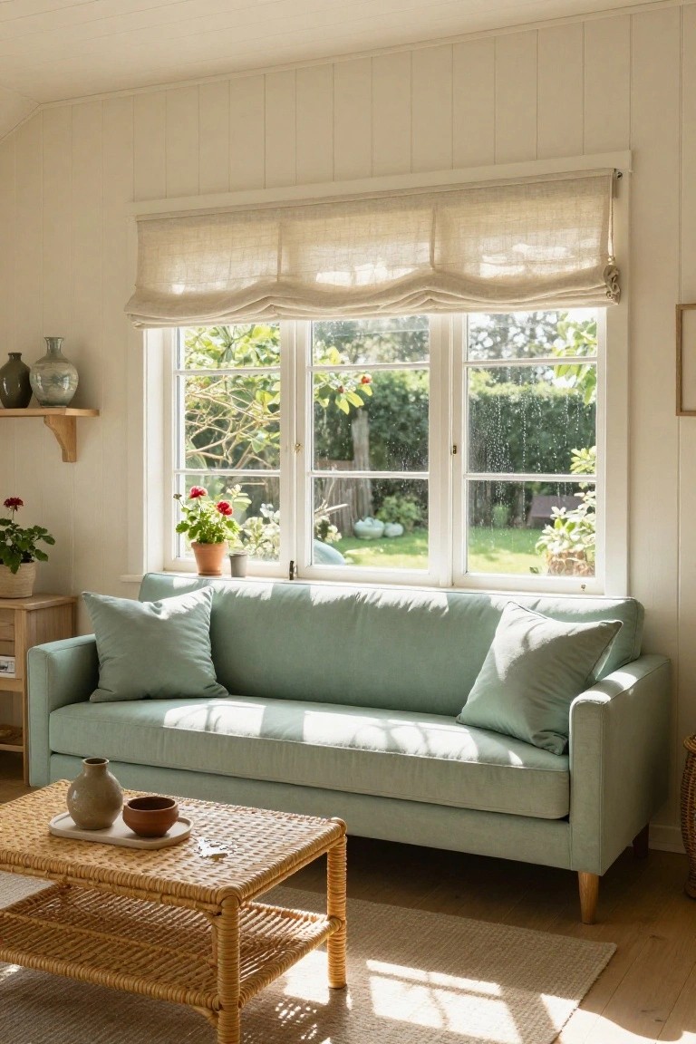 Light mint green upholstered sofa with white cushions in a white paneled living room featuring large multi-pane windows overlooking a garden, rattan coffee table, potted plants, and linen roman shades.