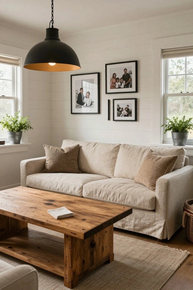 A beige slipcovered sofa with two tan textured pillows in a white shiplap living room, wooden coffee table centered in front, black pendant lamp overhead, family photos on walls, and metal bucket plants by two windows.