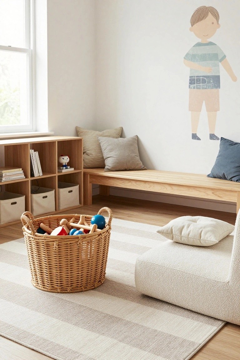 Bright indoor playroom with wooden open shelving units holding books and toys, a wooden bench with pillows, a large wicker basket filled with wooden toys and balls on a striped rug, scattered pillows, and a white textured low sofa nearby.