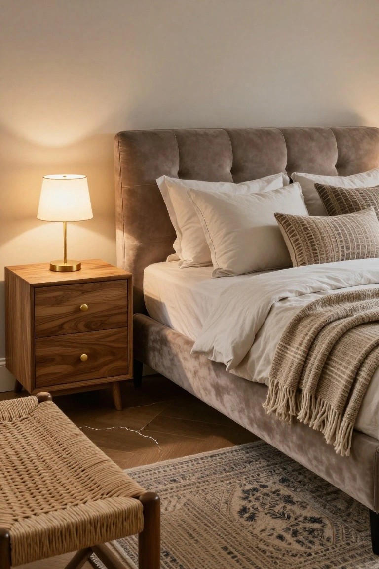 Bedroom corner showing a tufted gray velvet bed with white pillows and sheets, beige knit throw draped over the foot, wooden nightstand with brass lamp, rattan stool, and patterned rug on parquet flooring.