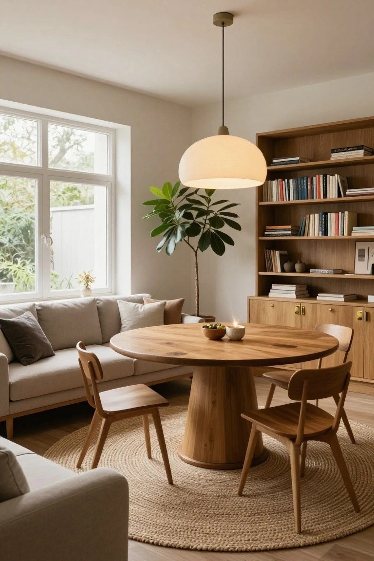 Light gray sofa next to a round wooden pedestal table with four wooden chairs on a round seagrass rug in a room with wooden bookshelves, large potted plant, pendant lamp, and window overlooking greenery.