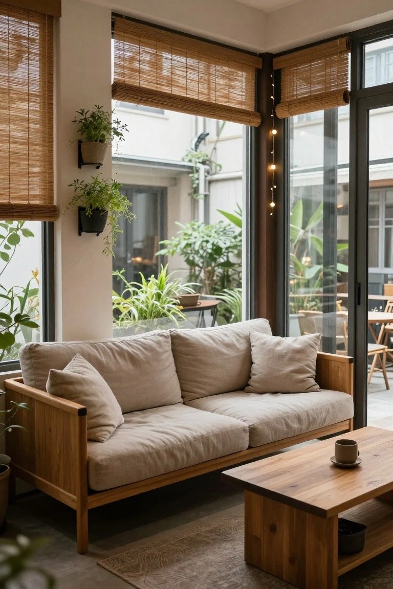 A beige linen sofa with light wooden frame in a modern indoor room, surrounded by potted plants, with bamboo blinds on large windows, a wooden coffee table, and sliding doors to a patio.