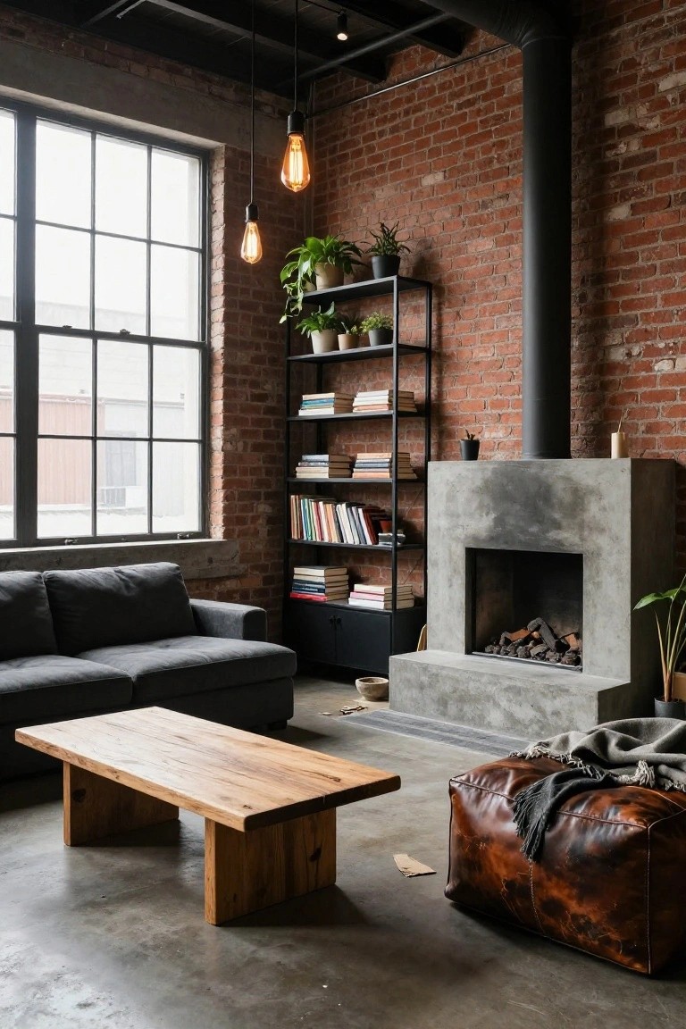 Industrial living room featuring a gray L-shaped sofa, live-edge wooden coffee table, brown leather pouf with throw, concrete fireplace, metal bookshelf with plants and books, brick walls, and large windows.