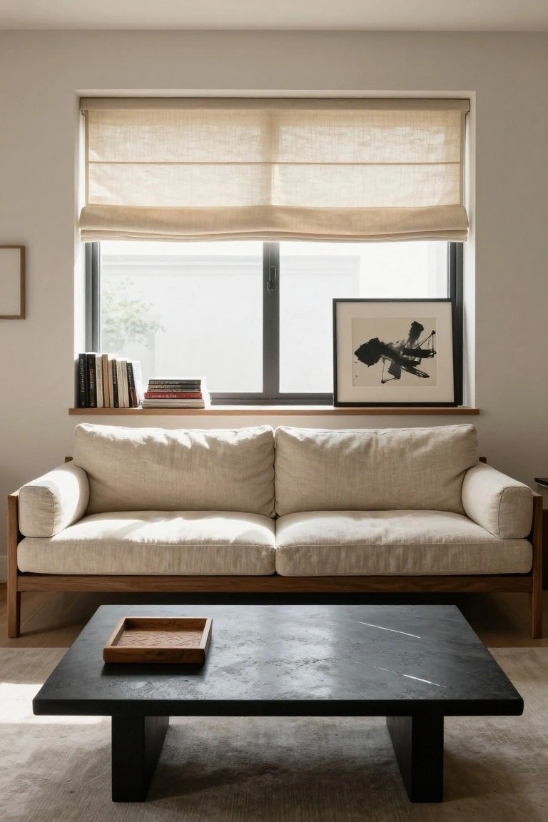 A low-profile beige linen sofa with wooden frame in a minimalist living room, facing a black stone coffee table holding a wooden tray, with books on the windowsill, beige roman shades, and black-framed abstract art nearby.