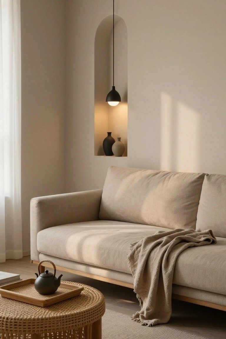 Beige fabric sofa with a fringed beige throw blanket draped over it, next to a round rattan coffee table holding a wooden tray and black teapot, in a light beige room with sheer curtains and an arched wall niche displaying black ceramic vases.