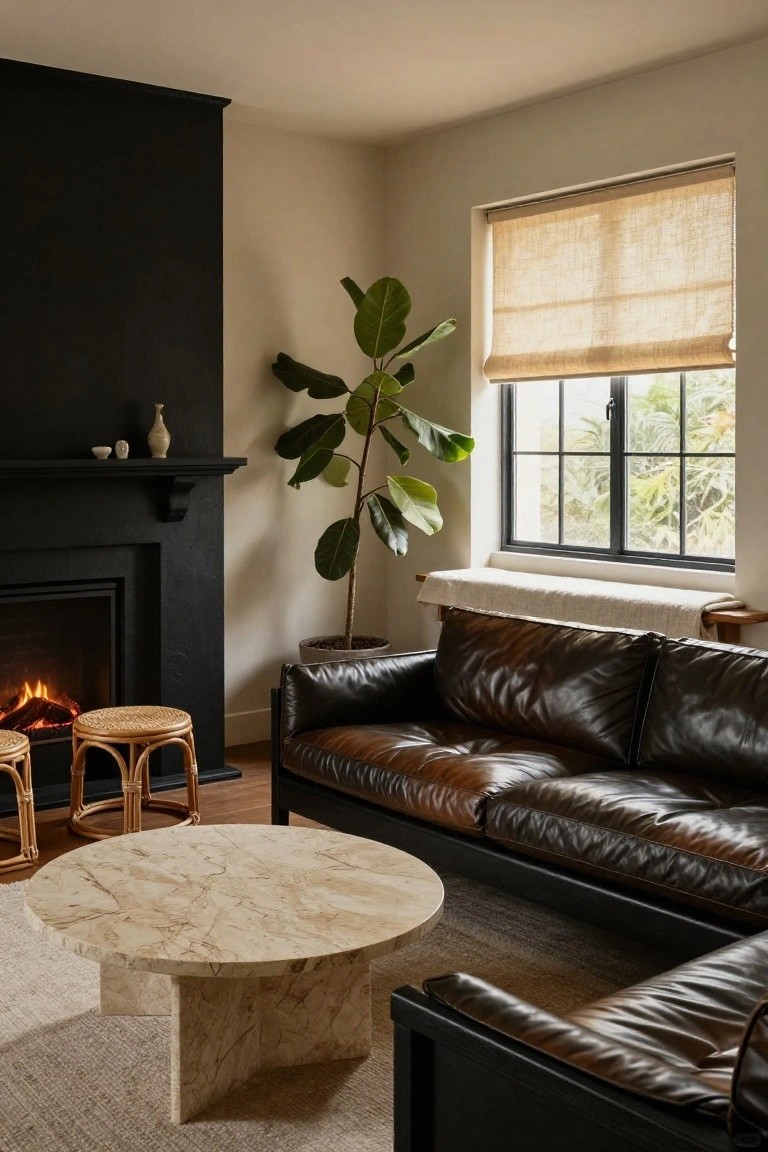 Living room corner with black leather L-shaped sofa, round travertine coffee table, two rattan stools by a small fire pit, black fireplace, potted fiddle leaf fig plant, and window with linen shade overlooking trees.