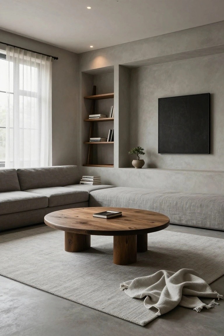 Light gray L-shaped fabric sofa positioned around a round oak coffee table with thick pedestal legs, on a beige rug in a minimalist living room with built-in wooden shelves, black square artwork, potted plant, sheer window curtains, and polished concrete floor.