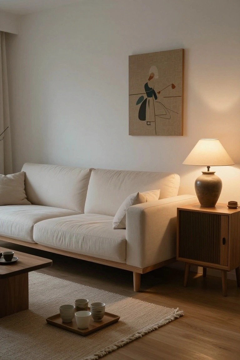 A cream-colored low-profile sofa with tapered wooden legs in a minimalist living room featuring a wooden coffee table, side table with ceramic lamp, abstract wall art, and a wooden tray holding ceramic cups on a light rug over hardwood floors.