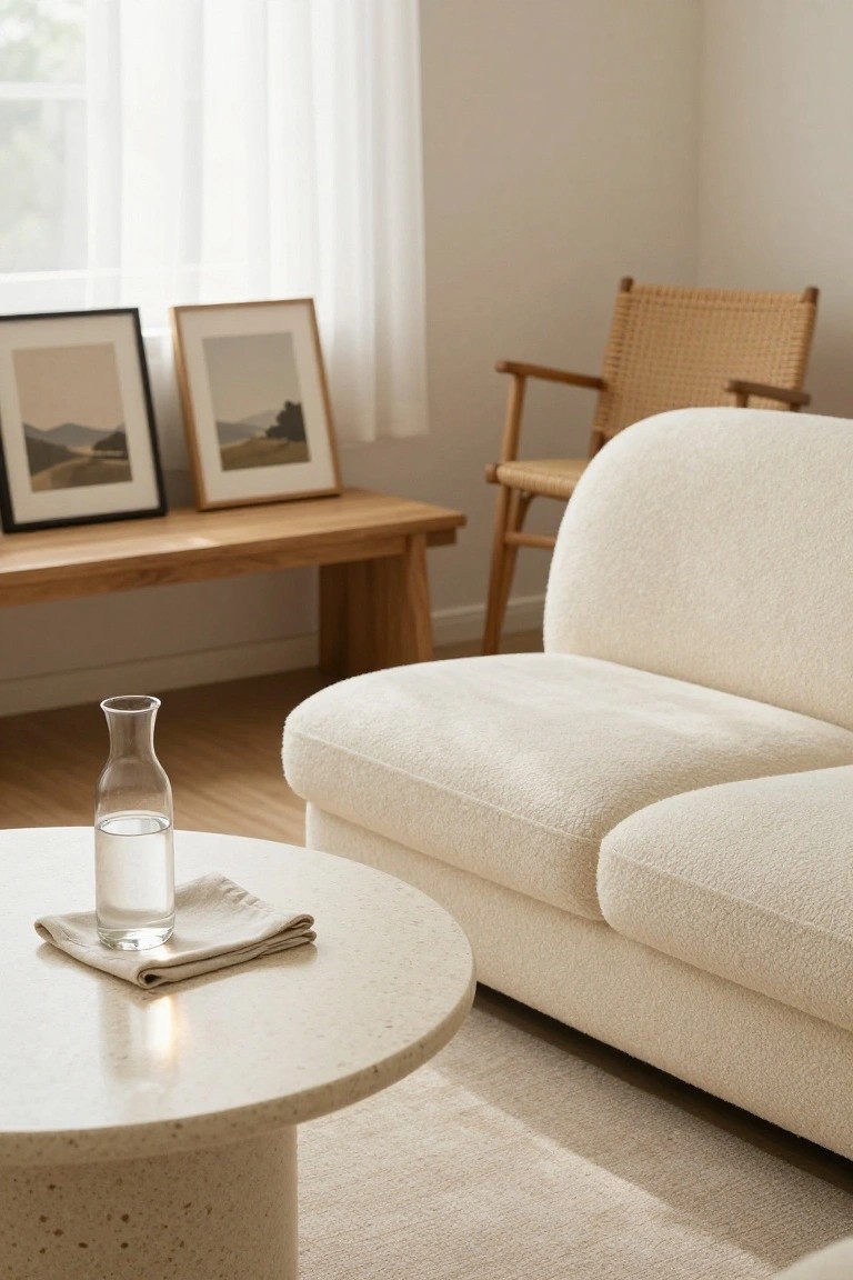 Living room corner with a curved cream-colored upholstered sofa, low round white coffee table holding a glass carafe of water and linen napkin, wooden bench displaying two framed landscape photos, rattan armchair, and sheer curtains over a window.