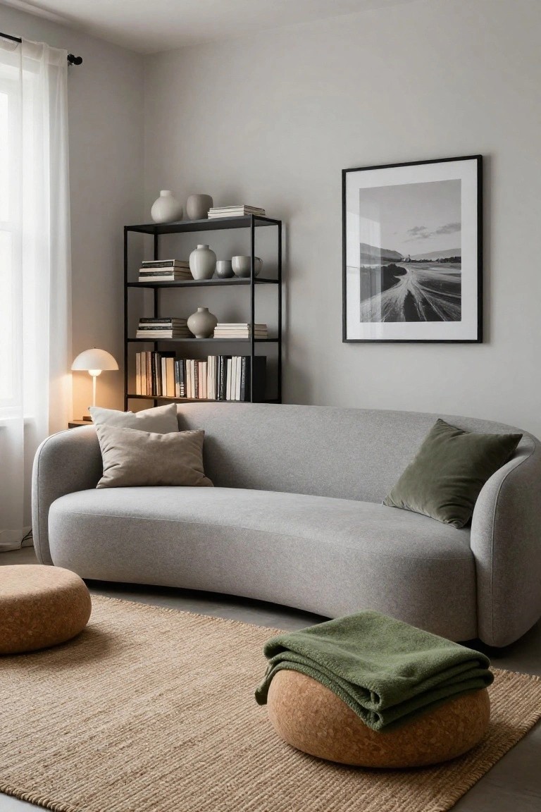 Light gray curved fabric sofa in a minimalist living room corner with beige pillows, two orange cork poufs on a beige seagrass rug, green throw blanket, black metal shelving unit holding books and white ceramics, white lamp on a side table, and black-framed black-and-white landscape photo on pale gray walls near a window with sheer white curtains.