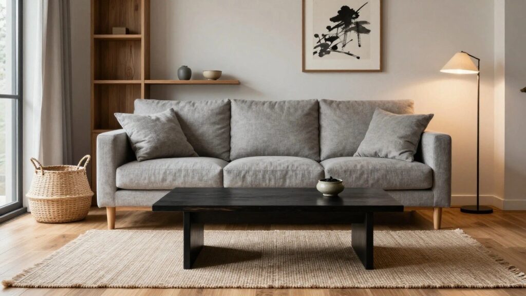 Light gray three-seater linen sofa positioned in front of tall wooden built-in shelving units on a paneled wall, with black rectangular coffee table, seagrass rug, tripod lamp, and wicker basket in a bright living room with hardwood floors.