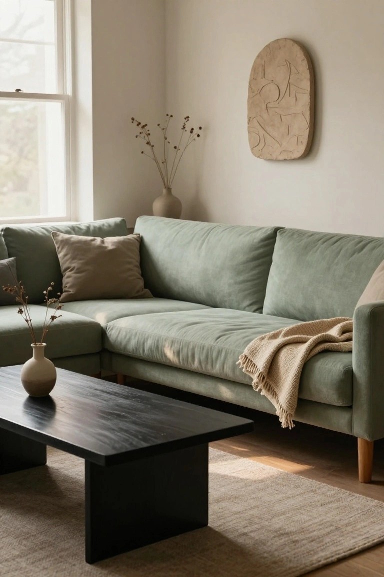 Light green L-shaped fabric sofa in a beige living room with black wooden coffee table, beige ceramic vases holding dried branches, tan throw blanket, and abstract wooden wall sculpture.