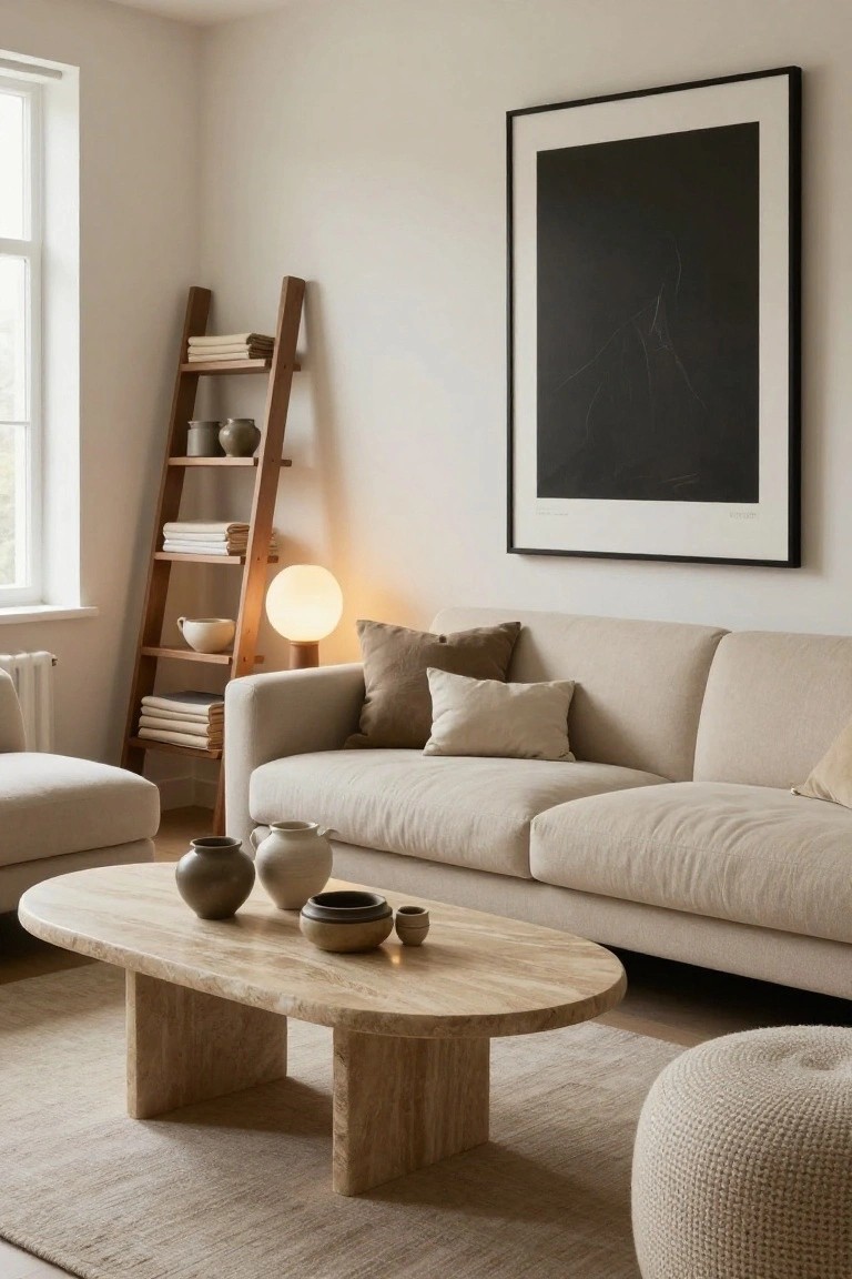 Light beige sofa in a neutral living room with wooden ladder shelf nearby holding books and ceramics, oval travertine coffee table with pottery, globe lamp, and cream pouf on beige rug.