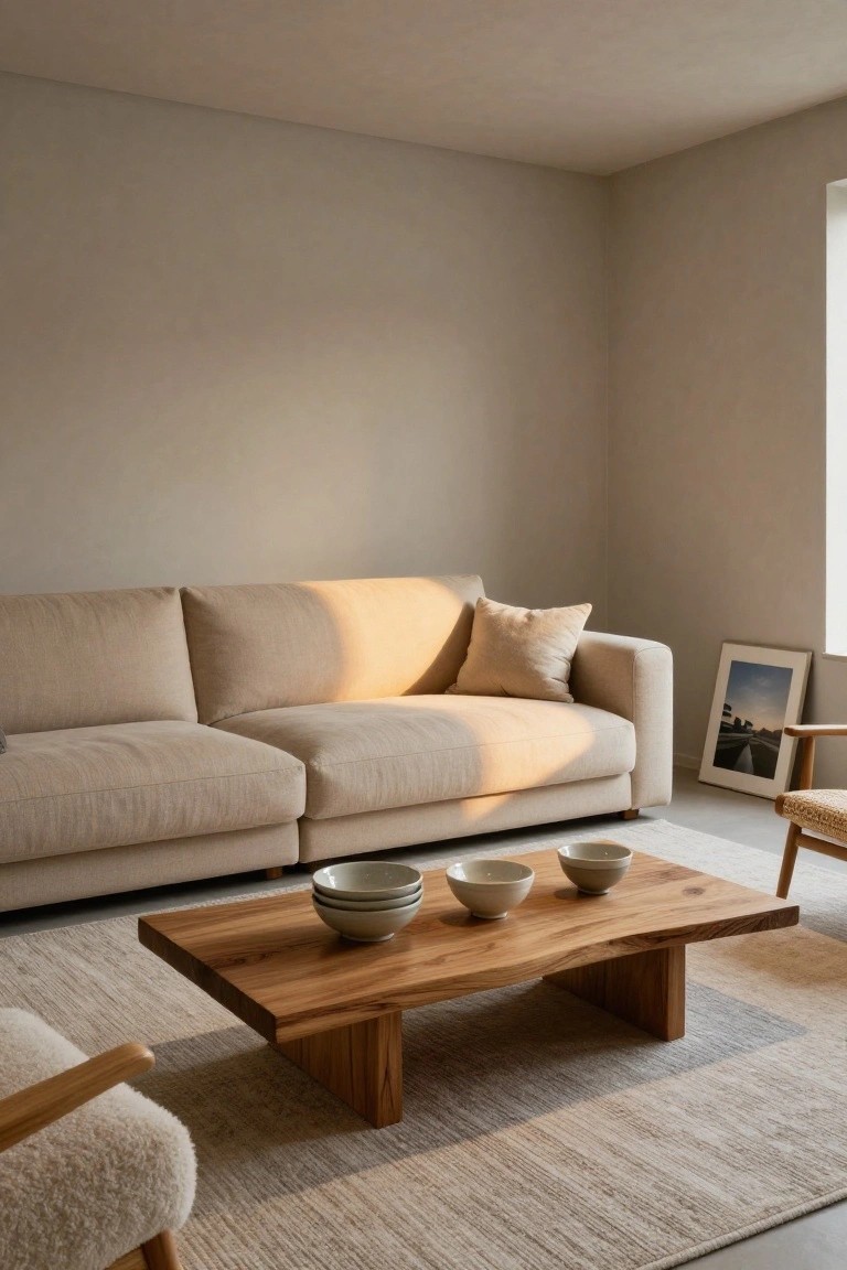 Beige L-shaped linen sofa in a minimalist living room corner with light walls, live-edge wooden coffee table holding stacked white ceramic bowls, light rug, shearling armchair, and framed photo by window.