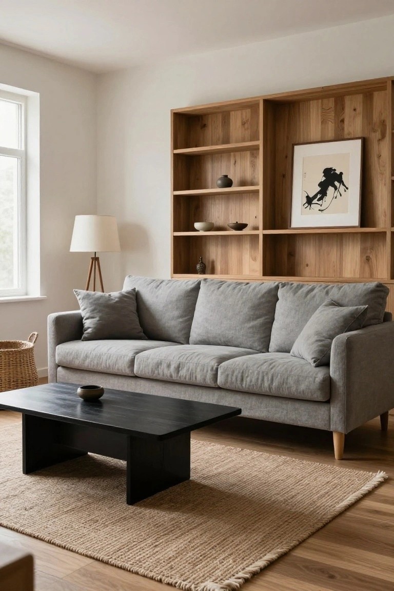 Light gray three-seater linen sofa positioned in front of tall wooden built-in shelving units on a paneled wall, with black rectangular coffee table, seagrass rug, tripod lamp, and wicker basket in a bright living room with hardwood floors.