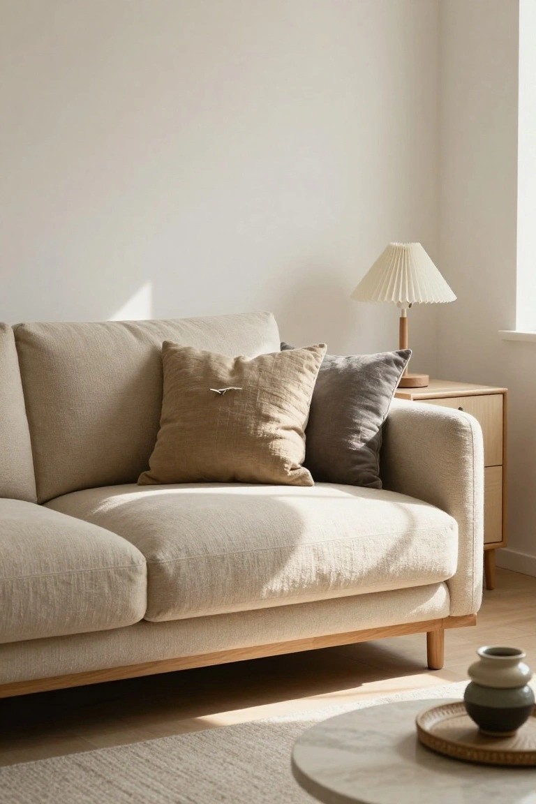 A beige linen sofa with tan and gray pillows on oak legs in a bright white living room, next to a wooden side table with a pleated lamp, with a marble coffee table and ceramic vases in front on a light rug.