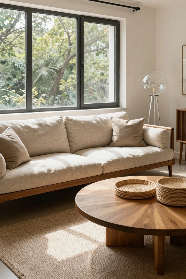Modern living room with beige sofa, round wood coffee table, and large window.