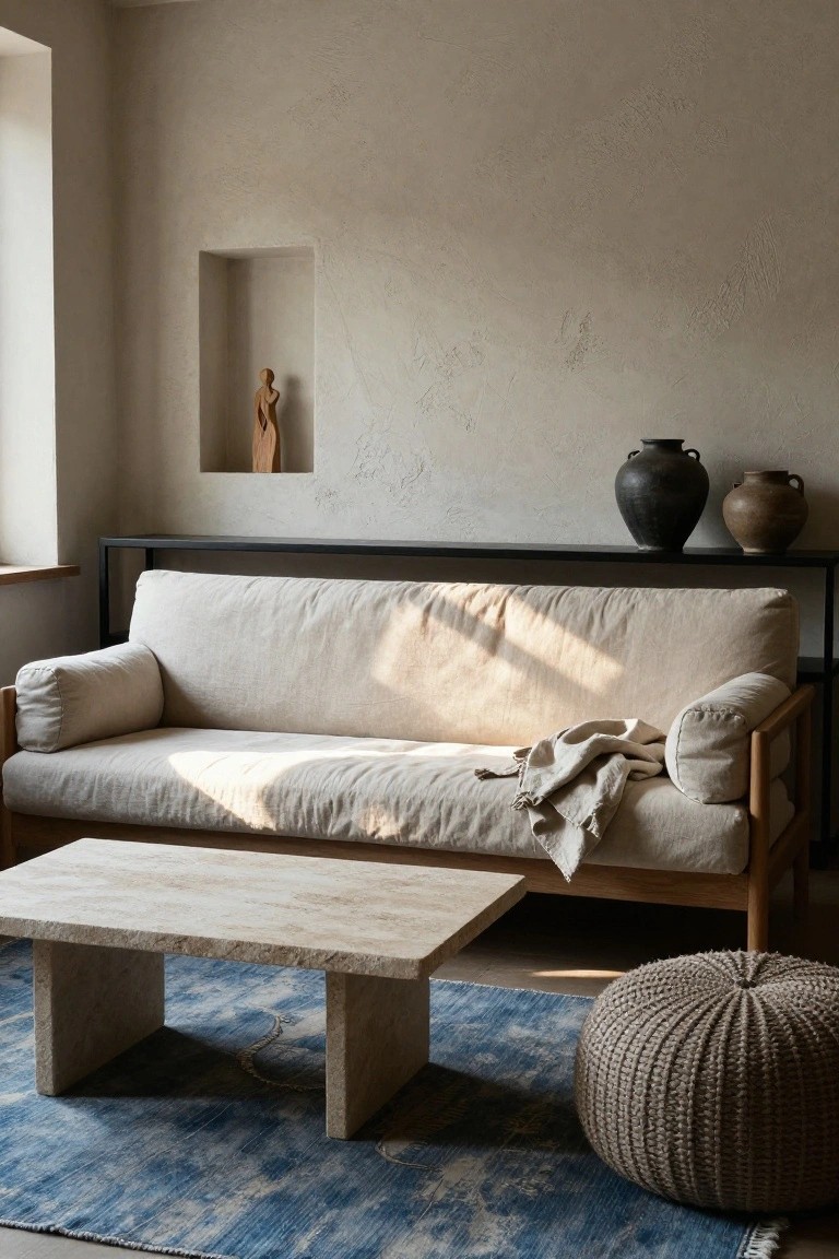 Beige low-profile linen sofa with wooden frame against a textured beige wall, beside black metal shelving with pottery, low stone coffee table on blue rug, and knit ottoman in a sunlit room.