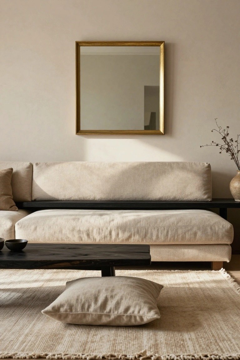 A low-profile beige linen sofa with black wooden frame in a minimalist living room with beige walls, gold-framed square mirror, black wood coffee table, floor cushion, and ceramic vase with branches on a beige rug.