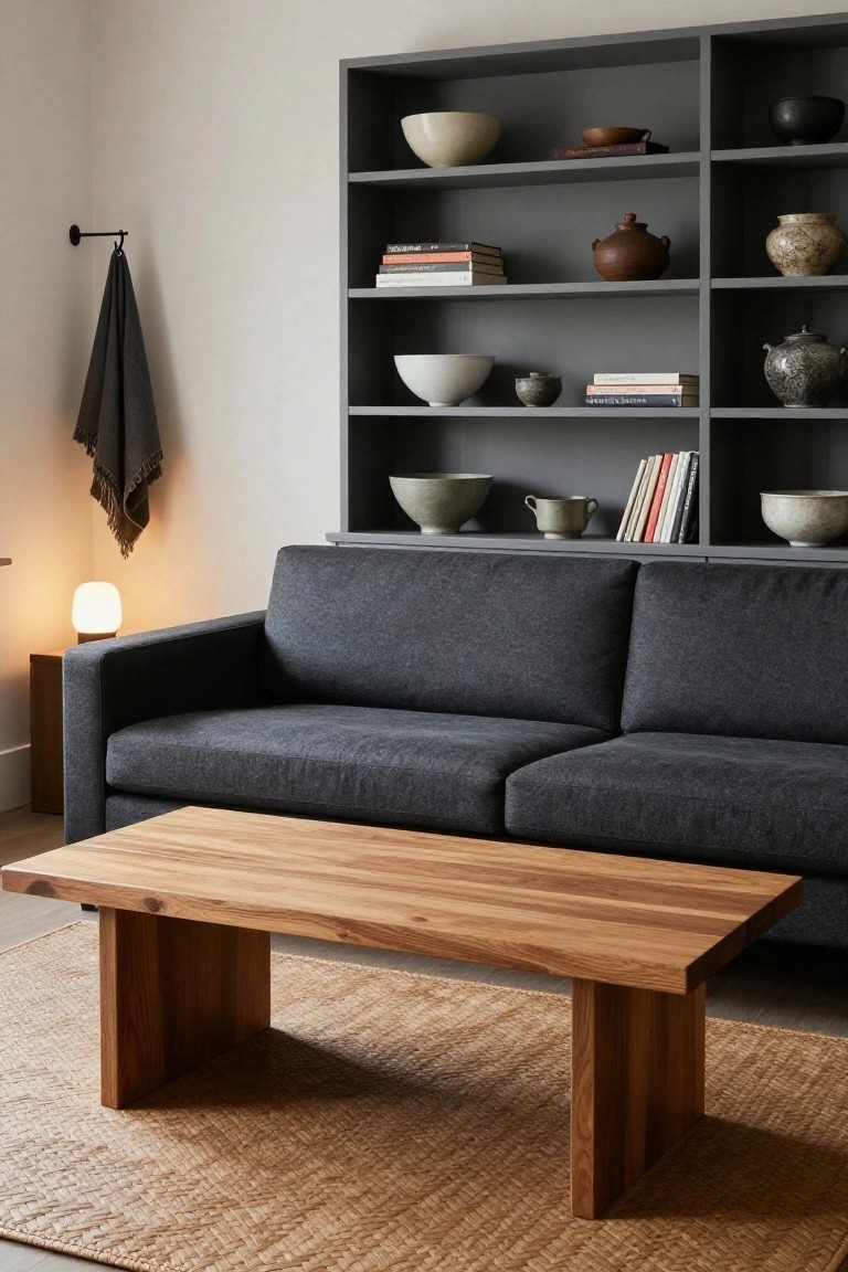 Living room with low dark gray fabric sofa, rectangular wooden coffee table on beige seagrass rug, open gray shelving units displaying ceramic bowls, vases, and books, plus a hanging gray towel and small lamp nearby.