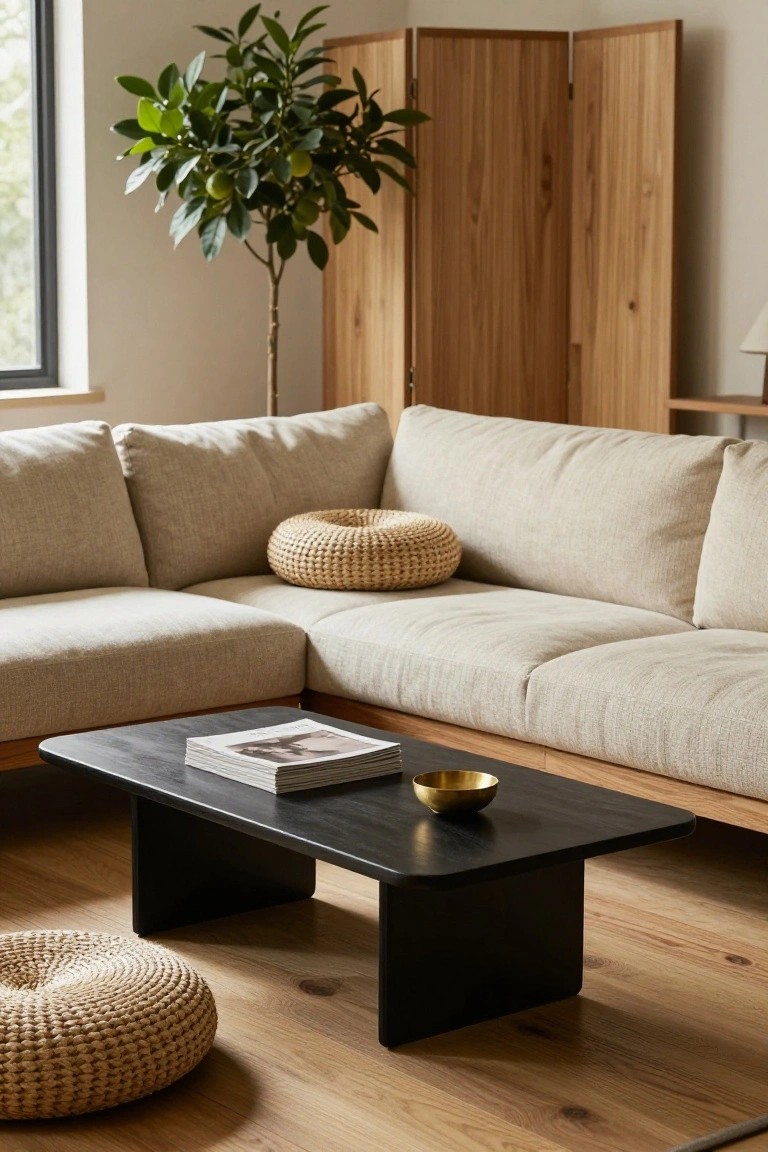Beige L-shaped sofa in a living room corner next to wooden folding screens and a potted citrus tree, with black low coffee table holding magazines and gold bowl, woven poufs and cushions on light wood floors.