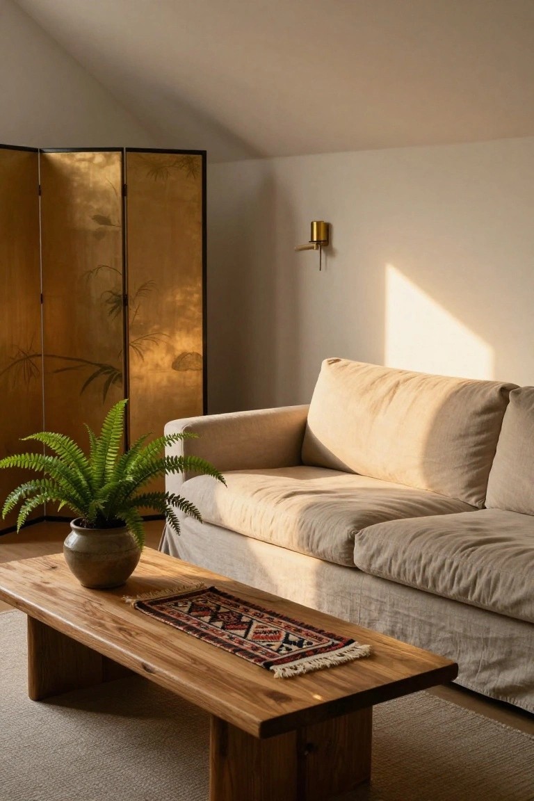 Beige linen sofa facing a low wooden coffee table with a red and black kilim rug on top, potted fern plant beside the sofa, gold folding screen with bamboo motifs behind, in a light-filled room with sloped ceiling.