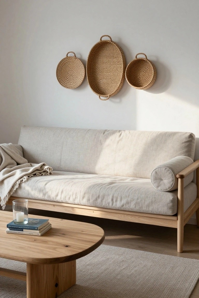 Light beige linen sofa with oak wood frame and cylindrical arm pillow, draped with fringed white throw, beside oval oak coffee table holding stacked books, glass with candle, woven hanging baskets on white wall above beige rug.