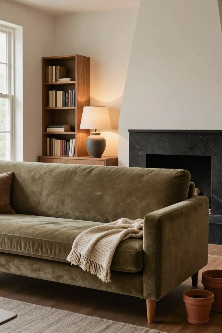 Green velvet three-seater sofa with cream knit throw in a living room corner, next to wooden bookcase filled with books, ceramic lamp on cabinet, black stone fireplace, and two terracotta pots on oak floor with beige rug.