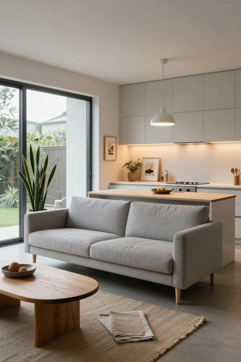 Modern open-plan interior showing a light grey two-seater sofa with oval wooden coffee table on seagrass rug, wooden kitchen island with fruit bowl, under-cabinet lighting, and large sliding glass doors to garden with plants and lawn.