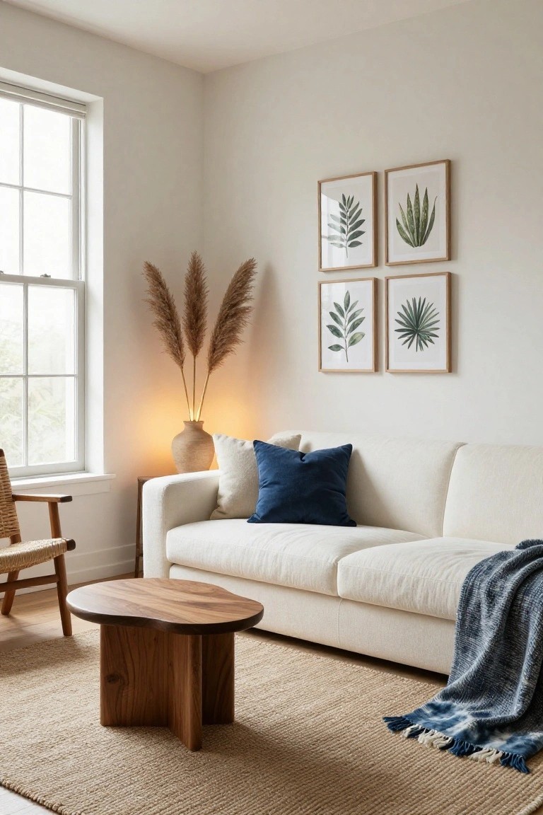 White bouclé sofa with blue pillows and cream cushions in a light living room corner, wooden coffee table with curved edges, rattan chair, pampas grass in terracotta vase, seagrass rug, and four framed green botanical prints on white walls near a large window.