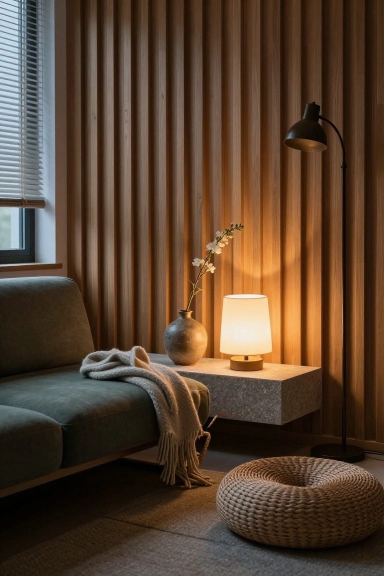 Green low-profile sofa against vertical wooden slat wall in a dimly lit room, with gray knit throw draped over arm, stone shelf holding table lamp and ceramic vase with white flowers, black floor lamp, and woven rattan pouf on floor.