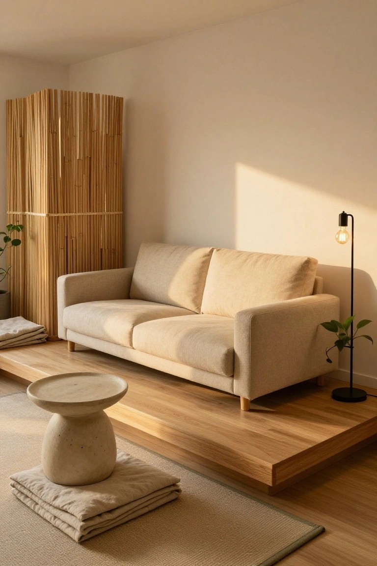 Beige two-seater sofa positioned on a raised wooden platform in a minimalist room with bamboo screen divider, stone stool with folded linens, potted plants, and black floor lamp.