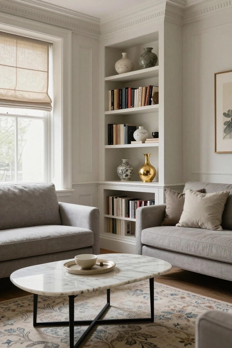 White built-in bookshelves in a living room corner displaying books and ceramic vases, with two gray upholstered armchairs facing each other across an oval white marble coffee table on black metal legs, a patterned rug below, and a window with linen roman shades.
