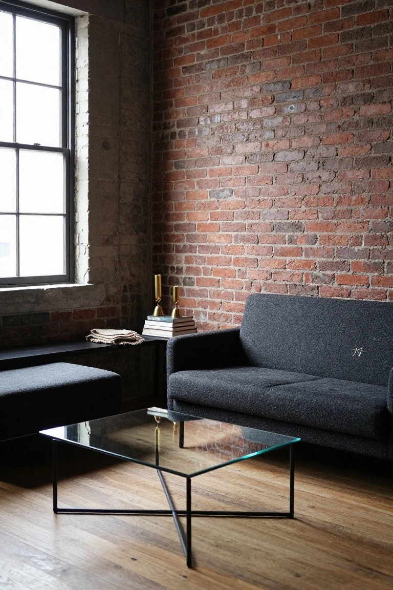 Small living room interior with exposed brick wall, large black-framed window, gray fabric sofa, black bench, glass coffee table with metal frame, side table with books and candles, on wooden floor.