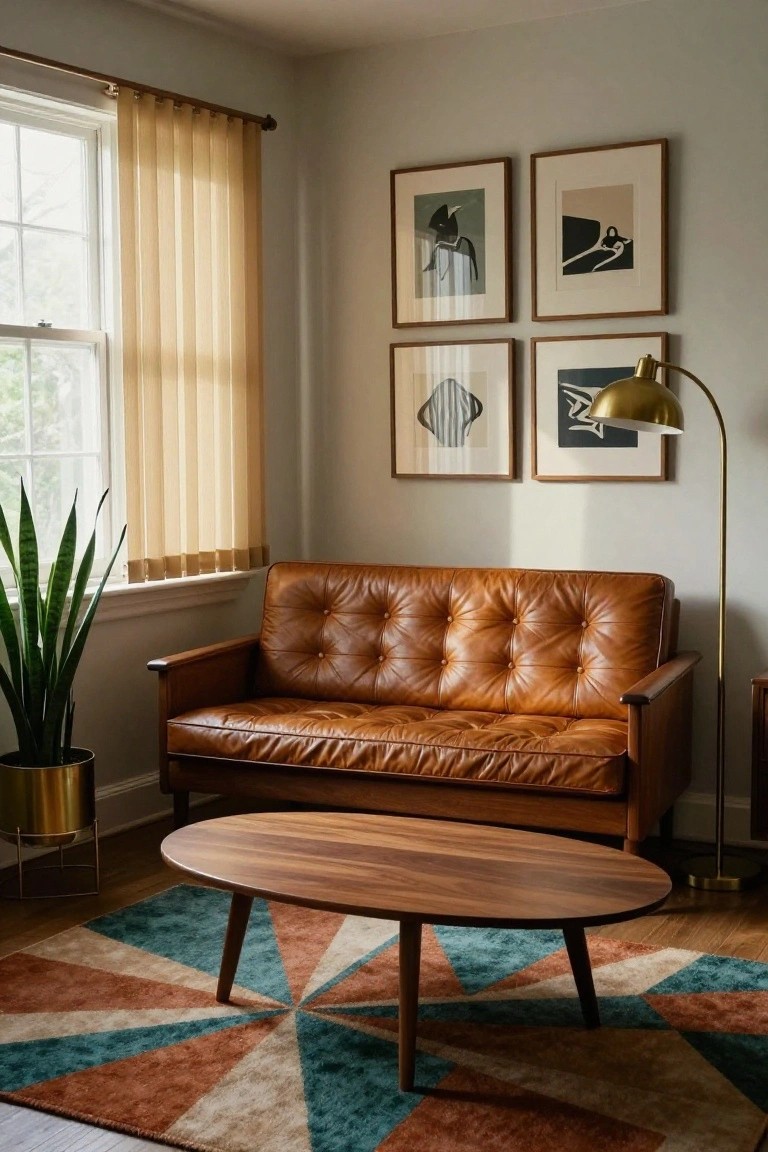 Mid-century living room with brown leather sofa, oval coffee table, and colorful rug.