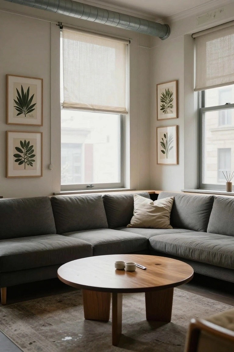 Cozy living room with gray sectional sofa, round wood coffee table, and framed botanical prints.