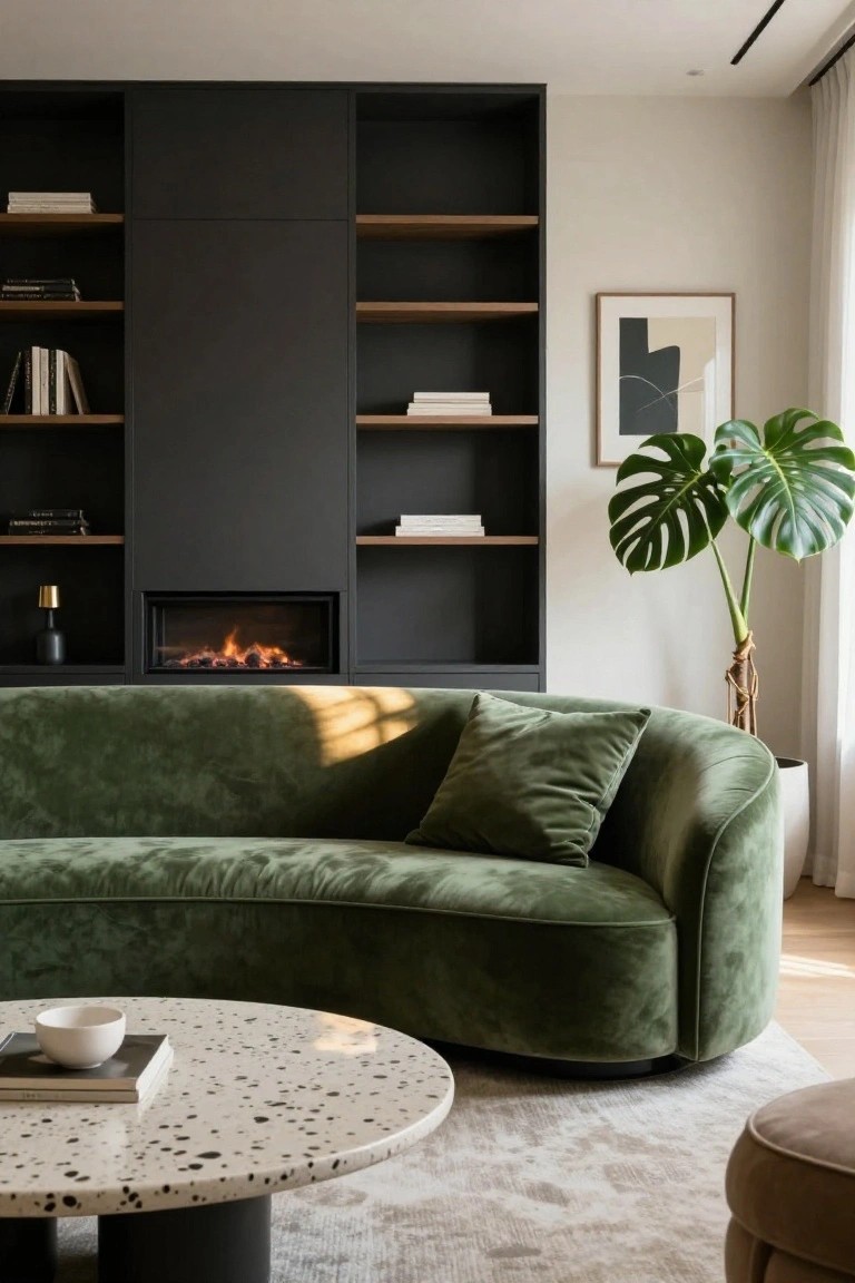 Living room with curved emerald green velvet sofa, round terrazzo coffee table, built-in black shelving unit with fireplace and books, monstera plant in white pot, and beige rug on wood floor.