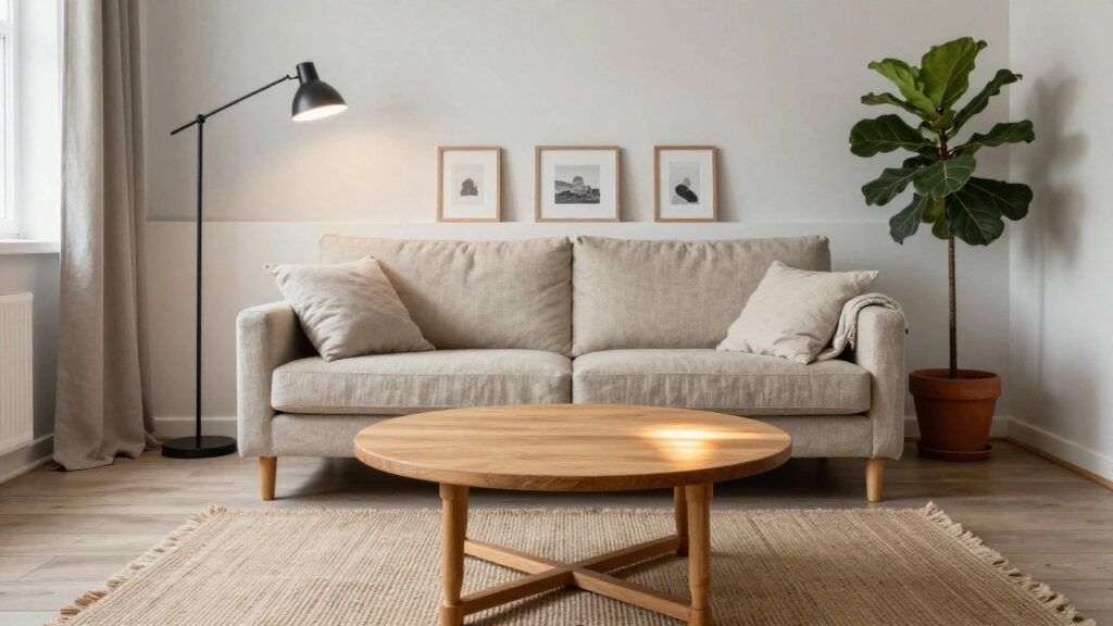 24 Small Living Room Sofa Set Ideas With Smart Proportion Beige low-profile sofa with slim legs in a light living room, round wooden coffee table on a jute rug, large fiddle leaf fig plant in terracotta pot, and floating white shelf with framed photos.