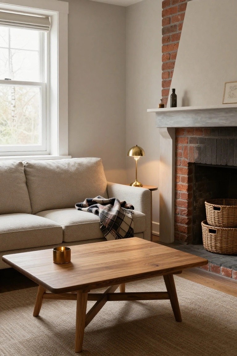 A small living room corner with light beige sofa draped in a plaid blanket, wooden coffee table with splayed legs holding a brass candle cup, gold lamp on slim side table, and brick fireplace with wicker baskets.